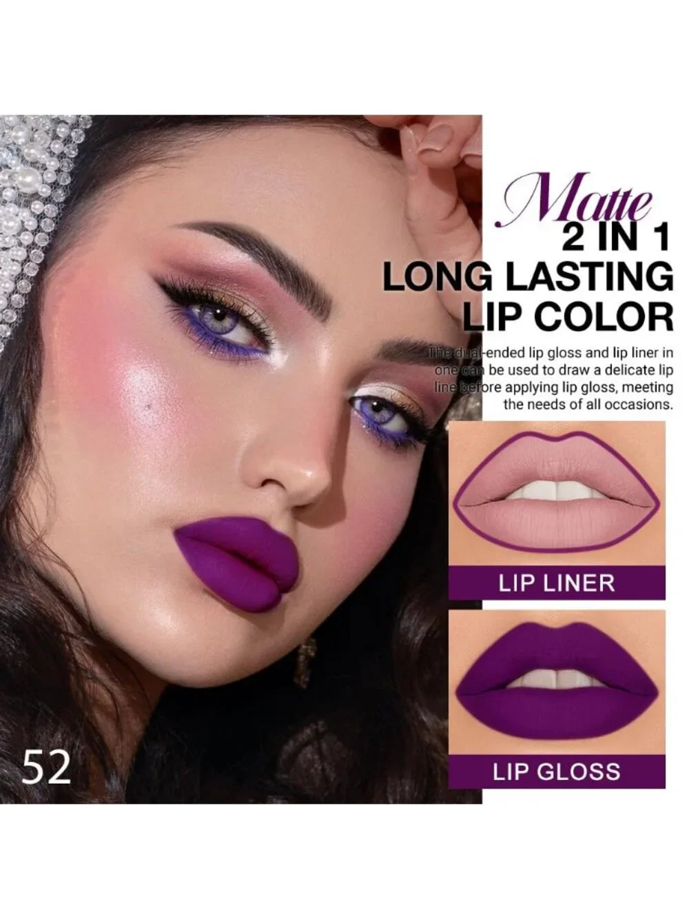 52#-Purple 2-in-1 Waterproof Long Lasting Double-Ended Matte Liquid Lipstick